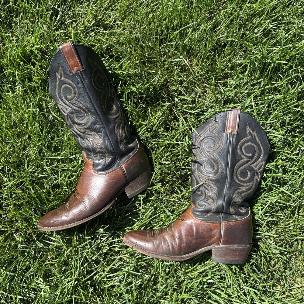 Vtg Justin Style 2007 Two-Tone Cowboy Boots Mens 9D Made in USA Black Brown